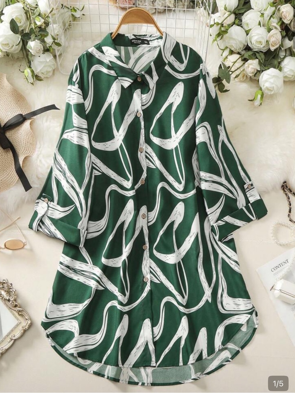 SHEIN Green and White Abstract Brushstroke Button-Down Tunic 2xl